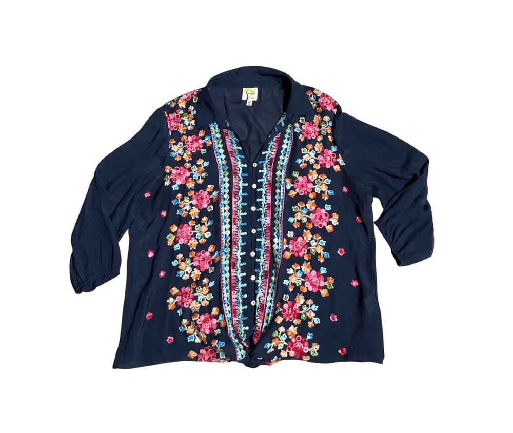 Anthropologie Fig & Flower Navy Embroidered Blouse Size XL Floral Boho Tunic Top